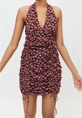 Kiss the Sky Kiss The Sky Rose Print Halter Dress Ruched Bodycon Mini Size Large