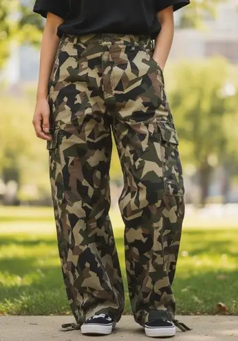 IT'S Camo Cargo Pants 14W Wide Leg Tie Ankle Pockets Green Black Brown