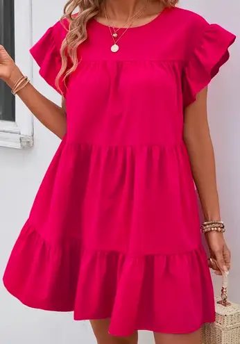 Solid Crew Neck Tiered Dress Pink