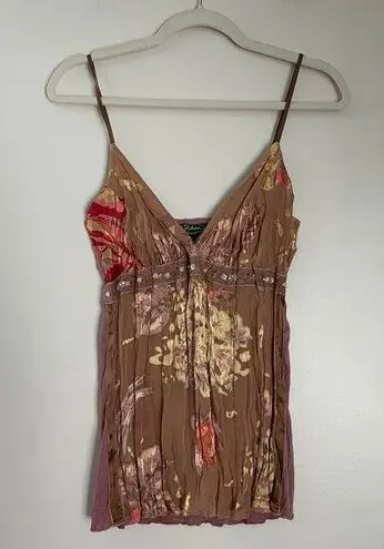 Vintage 90s Y2K Shihreen Silk Blend Floral Pink Beaded Waist Tank Top Size Med