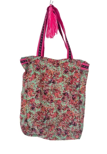 America & Beyond Floral Boho Shoulder Zip Tote Bag Purse Green Pink