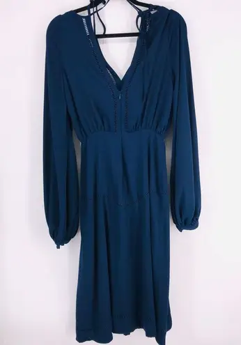 Fame and Partners Navy Hanne Midi Dress Bishop Balloon Sleeves Low V-Back Size 2