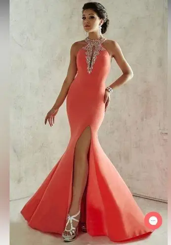 Tiffany Designs Flourished Halter Long Evening Gown 46025 - Watermelon - 6