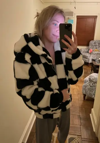 Fuzzy Checkered Bomber Coat Black Size M
