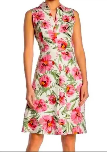Tahari Linen Blend Floral Shirt Dress Sleeveless Size 8