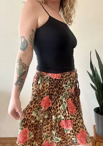 90’s Cheetah Print & Roses Tiered Skirt Brown Size M