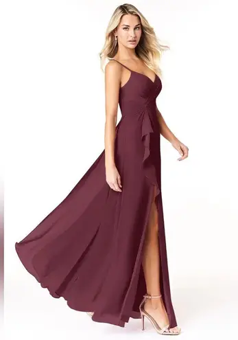 Azazie NWT EMERALDA-Line Ruffled Chiffon Floor-Length Dress Cabernet Size A8