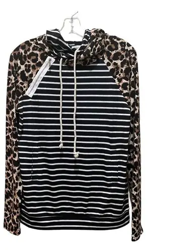 Andthewhy  Leopard Print and Stripes Hoodie Shirt Size Small