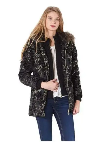 Desigual Parka 4 Black Gold Puffy Sweater Inset Hood Faux Fur New US 4