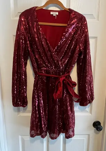 Andree by Unit Burgundy Sequin Wrap Dress Long Sleeve Tie Waist Holiday Party's