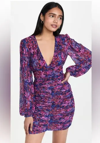 REBECCA VALLANCE Cherry Bomb Floral Print Shirred Long Sleeve Mini Dress 2 NWOT Purple