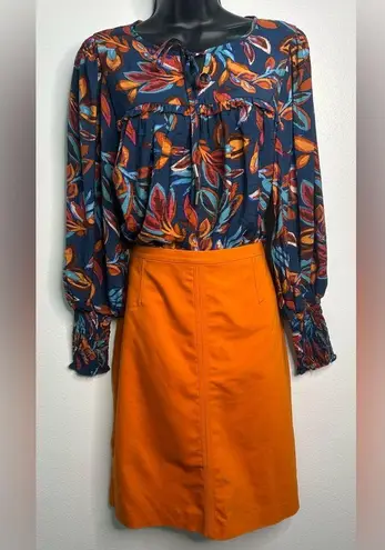 Oddi Blue and Orange Cuffed Sleeve Blouse with Bib Collar