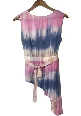 Versona Asymmetrical Tie-Dye Pink/Blue V-Neck Top with Belt Size Small