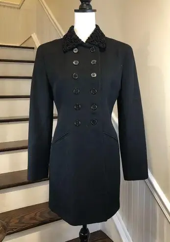 Ralph Lauren Military Faux Fur Lapel Double Breasted Black Wool Riding Coat Sz 6