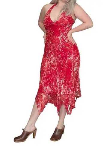 Vintage Y2K Silk Velvet Burnout Halter Dress Red Handkerchief Hem Red Bimbo Pink Size 8