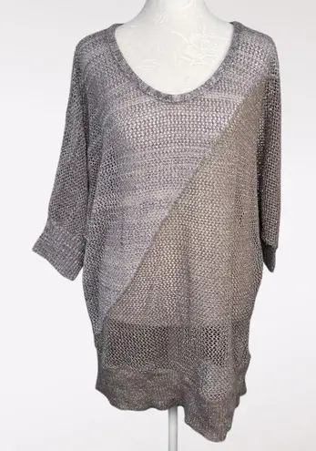 Metallic Open Knit Tunic Sweater Made in USA Size Medium Large Brown