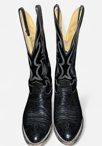 Vintage Nocona Cowboy Boots Black Leather Flame Stitch (Made in USA) Size 8.5