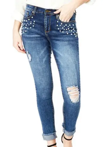 BLOOMROCKS Melrose Pearls Fray Cuff Ankles Jeans Blue Size 28