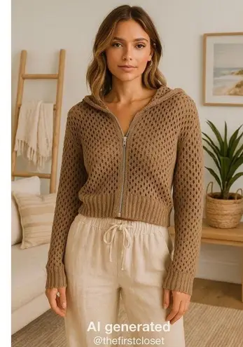 Faded Rose Light Brown Zipper Closure Open Knit Long Sleeve Hoodie Sweater XL