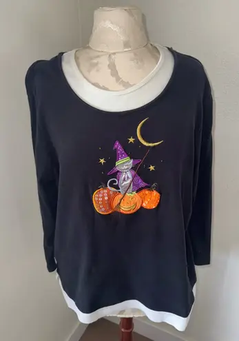 Vintage 90s White Stag Womens Halloween Top Cat Pumpkin Moon Graphic Size XL Black