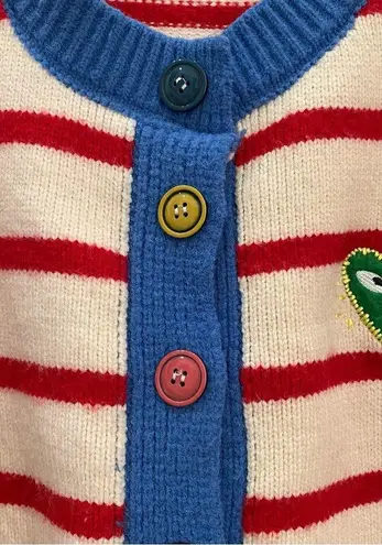 Striped Thick Knit Heart Patch 3/4 Sleeve Cropped Cardigan Sweater Red