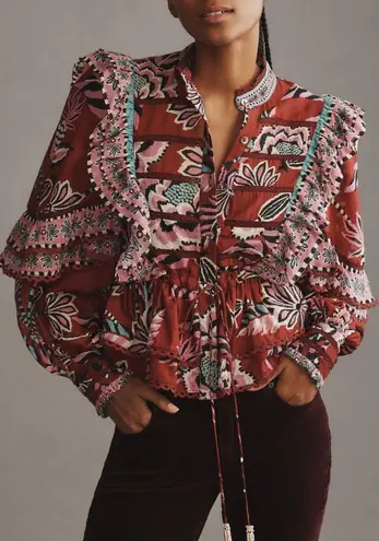 Farm Rio Mock Neck Button Front Ruffled Blouse, Size XXS