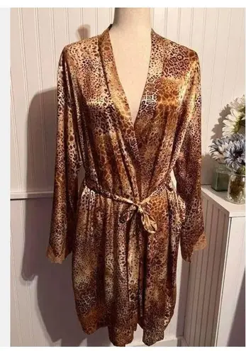 Delicates Beautiful Sz L Satin Robe Leopard Animal Print Browns Tan Beige