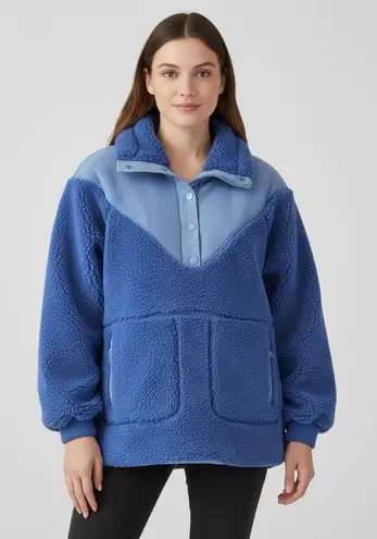 Free People  Movement Fall to Rise Blue Fleece Snap Slouchy Oversize Pullover XS thumbnail 1