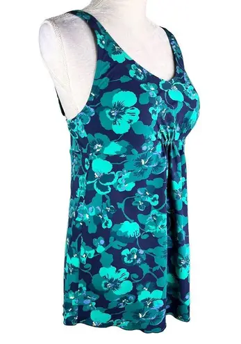 L.L.Bean  Soft Drape Tankini Top 12 Blue Green Floral Adjustable UPF 50+