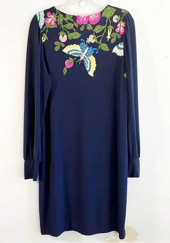 Leota Dress Navy Blue w/ Floral Pattern & Butterfly Long Sleeve Shift Sz XL EUC