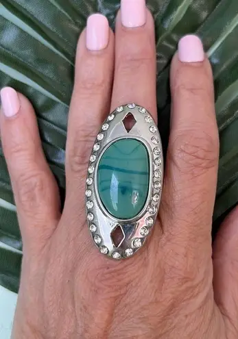 Ladies Cocktail Costume Jewelry Ring Silver Tone Band Faux Turquoise Adustable