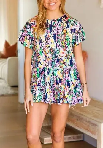 BEESON RIVER Sunny Days Navy Floral Top Tiered Ruffle Sleeve Tunic New Blue Size M