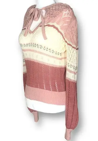 Vintage Knit Embroidered Hoodie Sweater Oatmeal Pink Floral Cropped Crochet Size M