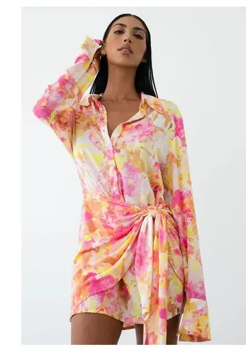 Le Salty Label Camille Tie Dress Gray Floral Tropical Mini Wrap Long Sleeve Sz S