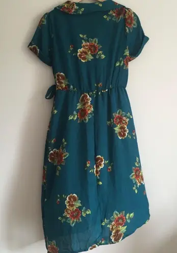 Superfoxx Teal Green Floral V Neck Short Sleeve Asymmetrical Hem Wrap Dress New