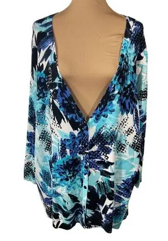 Avenue Women's Cardigan Sweater Blue Bold Print V