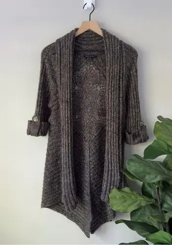 BCBGMAXAZRIA  Long Tunic Cardigan Sweater Cuffed Sleeves Crochet Knit Ribbed EUC