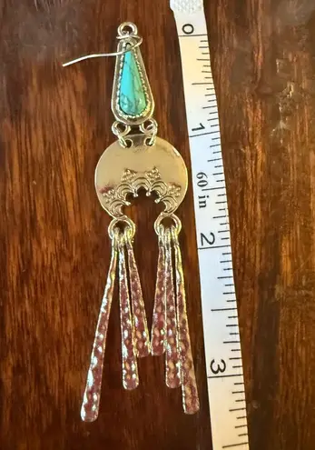 Boho Turquoise Drop Earrings – Silver Hammered Fringe Statement Jewelry