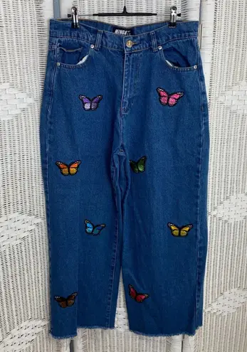Minga London Butterfly Embroidered High Waist Straight Leg Jeans Y2K 32 US 8 Blue