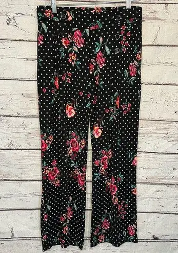 FLARE LEG PANTS Stretchy w Button Details Black w Dots & Flowers