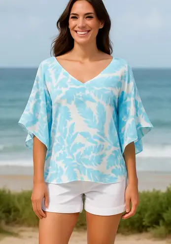 La Mer Luxe Blue White Tropical Leaf Print Top Flowy Cape Flutter Sleeve~L 💛🍄 Size L