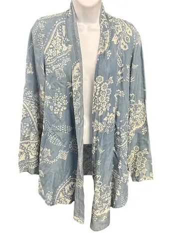 Laurie Felt Duster Cardigan Women's XS Blue White Floral Paisley Tencel Lyocell