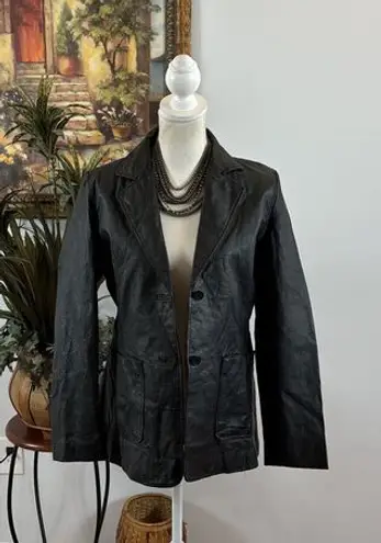 MetroStyle Black 100% Leather Blazer Jacket Women's Size 6 Long Sleeve 2 Buttons - Image 1