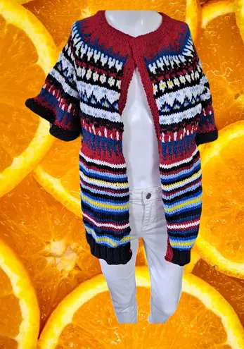 Hand Knit Open Front Short Sleeve Colorful Sweater Red