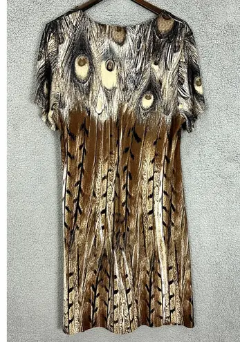 Vintage Y2K Dressbarn Dress Womens 18 Brown Peacock Print Babydoll Beaded Boho