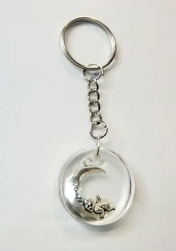Silver Moon and Cupid resin Keychain handmade