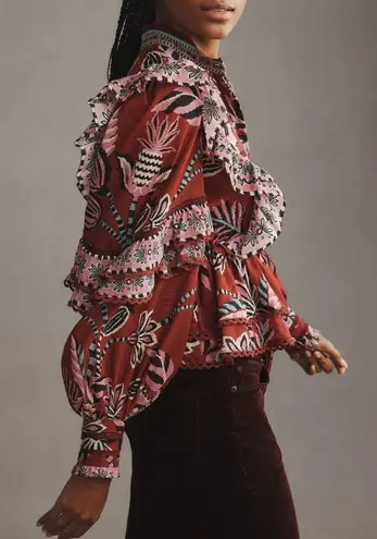 Farm Rio Mock Neck Button Front Ruffled Blouse, Size XXS