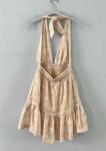 NWT Mon Renn Havana Crochet Print Tan Linen Halter Mini Dress White Size M