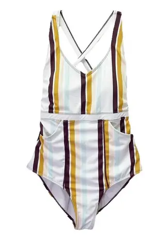 Nani Swimwear One Piece Swimsuit Size Medium Retro Stripe Modest Crisscross Back White
