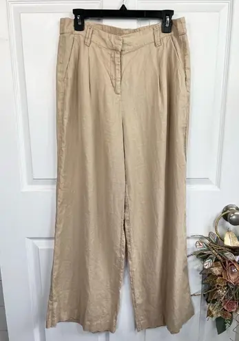 Magaschoni Linen Pants Size L Tan Wide Leg Pleated Elastic Waist Relaxed Fit